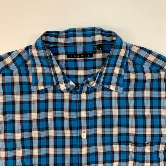Theory Kyson Shirt Mens XL Extra Large Lagoon Blue Plaid Long Sleeve Button Up - Picture 5 of 11
